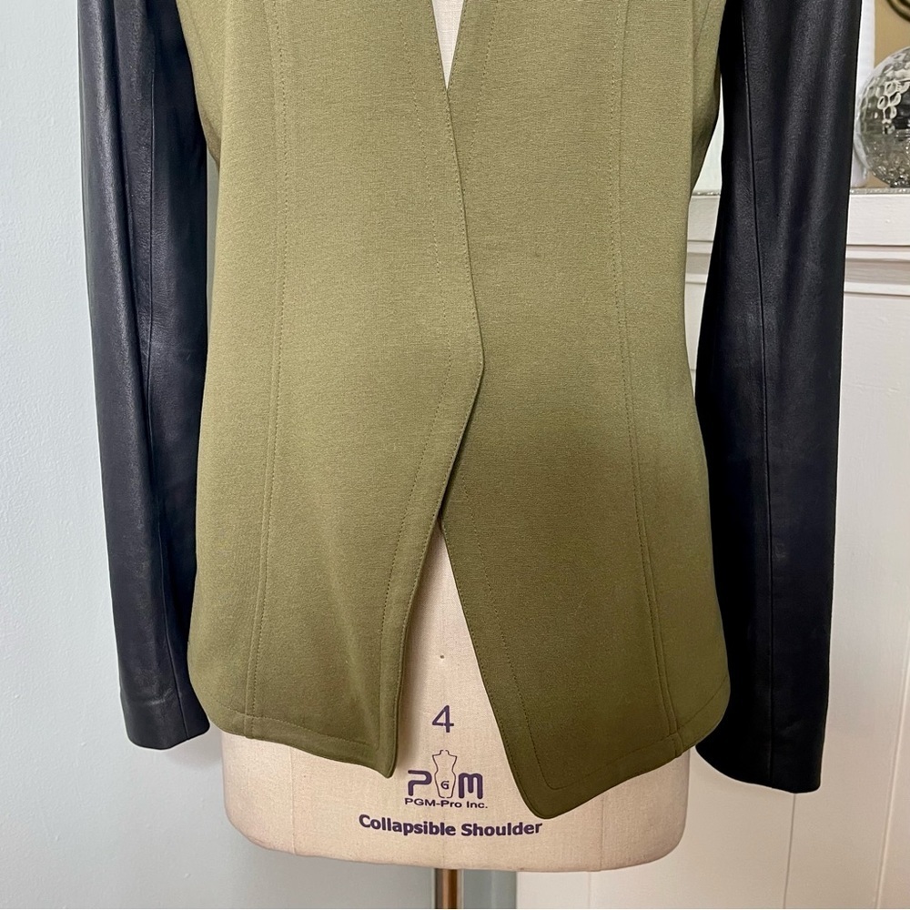 Theory Yaisa Pryor Leather Sleeve Blazer Jacket Olive Green & Black Large - Picture 7 of 16
